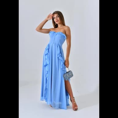 فستان سهرة شيفون جانجان مكشكش بدون أكمام بأزرار مع تفاصيل منقوشة - 11.99 usd